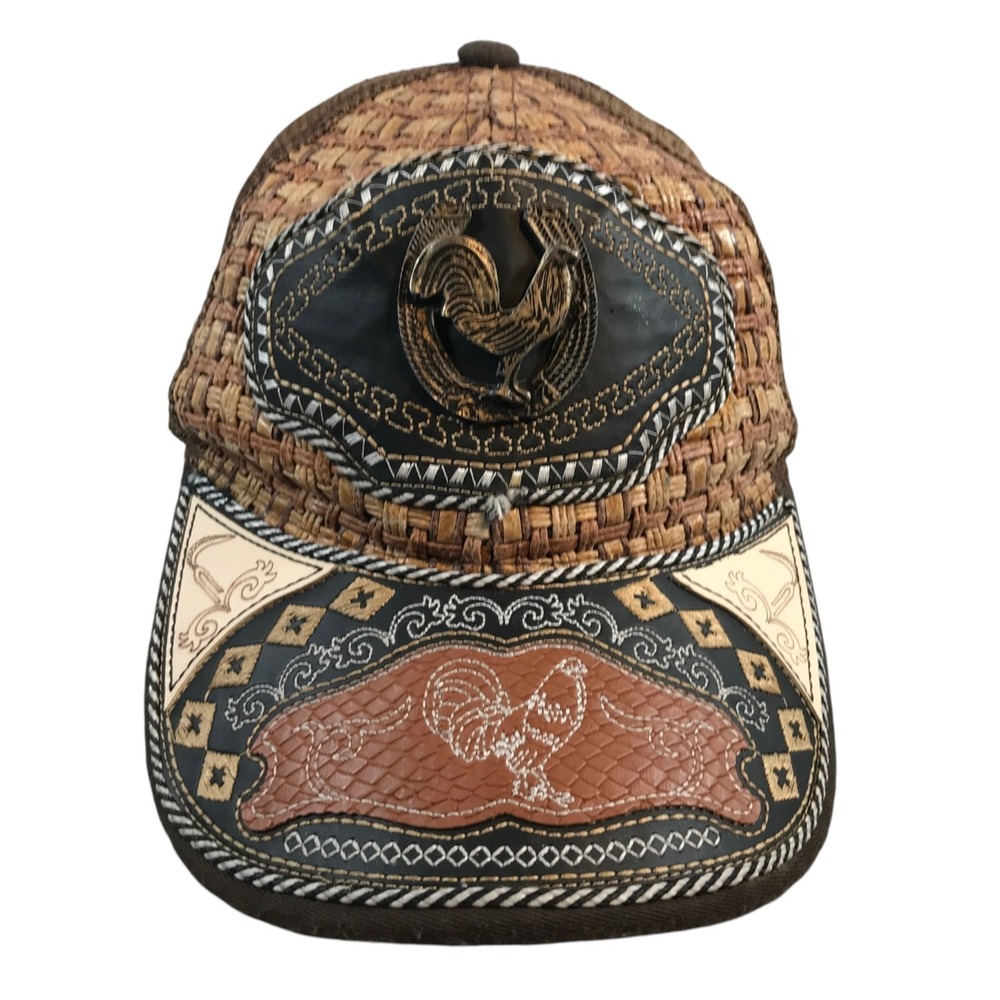 Western Rooster Trucker Hat Woven Straw Mesh Back Snapback Brown Vaquero Cap